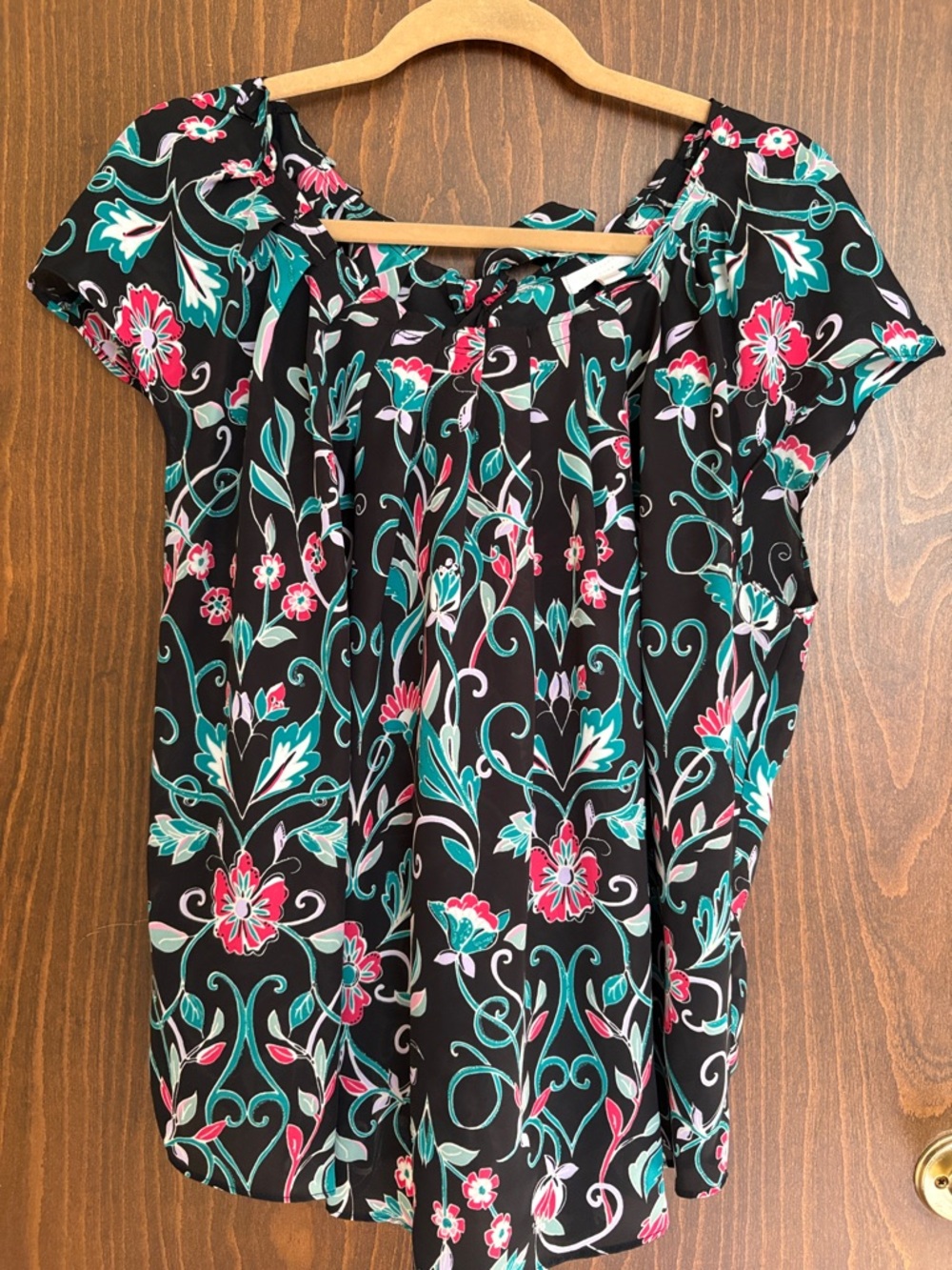 Black Floral Short-Sleeve Peasant Top with Pink & Teal Accents